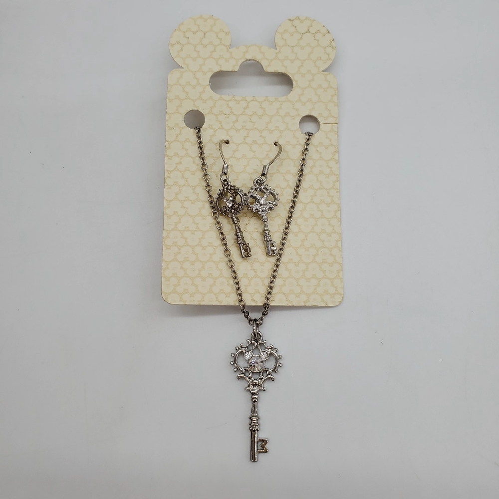 NEW: Disney Silver Mickey Mouse Key Jewelry Set: Hanging Earrings & Necklace